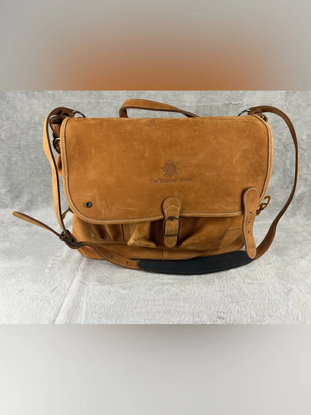 TERRITORY AHEAD Messenger Bag Tan Brown Heavy Saddle Leather Briefcase USA Made